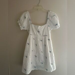 Le Lis White Eyelet Dress with Subtle Blue Embroidery